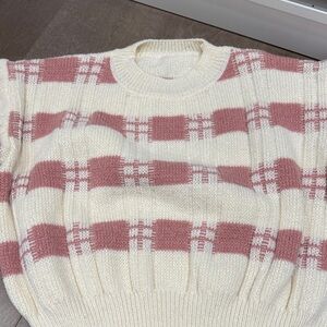 Plaid Knit Sweater - Cream and Pink